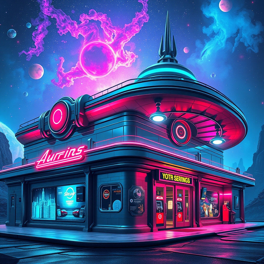 Otherworldly Gas Station in Retro-Futuristic Style
