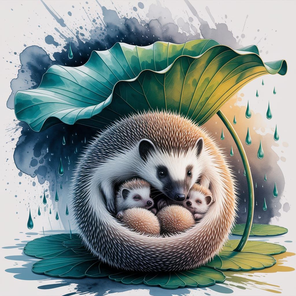Hedgehog Family Sheltering from Storm as Watercolor
