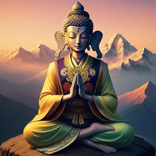 Serene Monk Meditating at Sunset: Buddhist Artwork