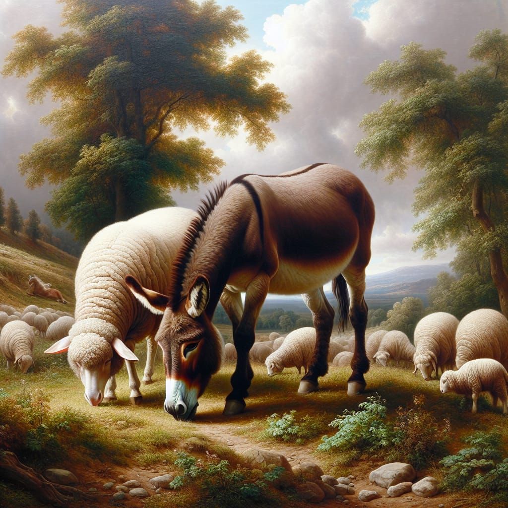 Idyllic Donkey and Sheep in Romantic Oil Painting
