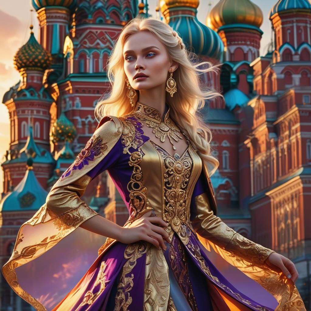 Fashion Model in Moscow Sunset: Art Nouveau Style
