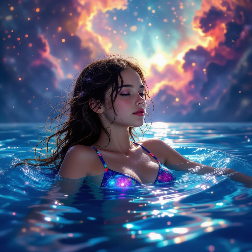 Teen Girl in Bioluminescent Swimsuit Drifting in Nebula