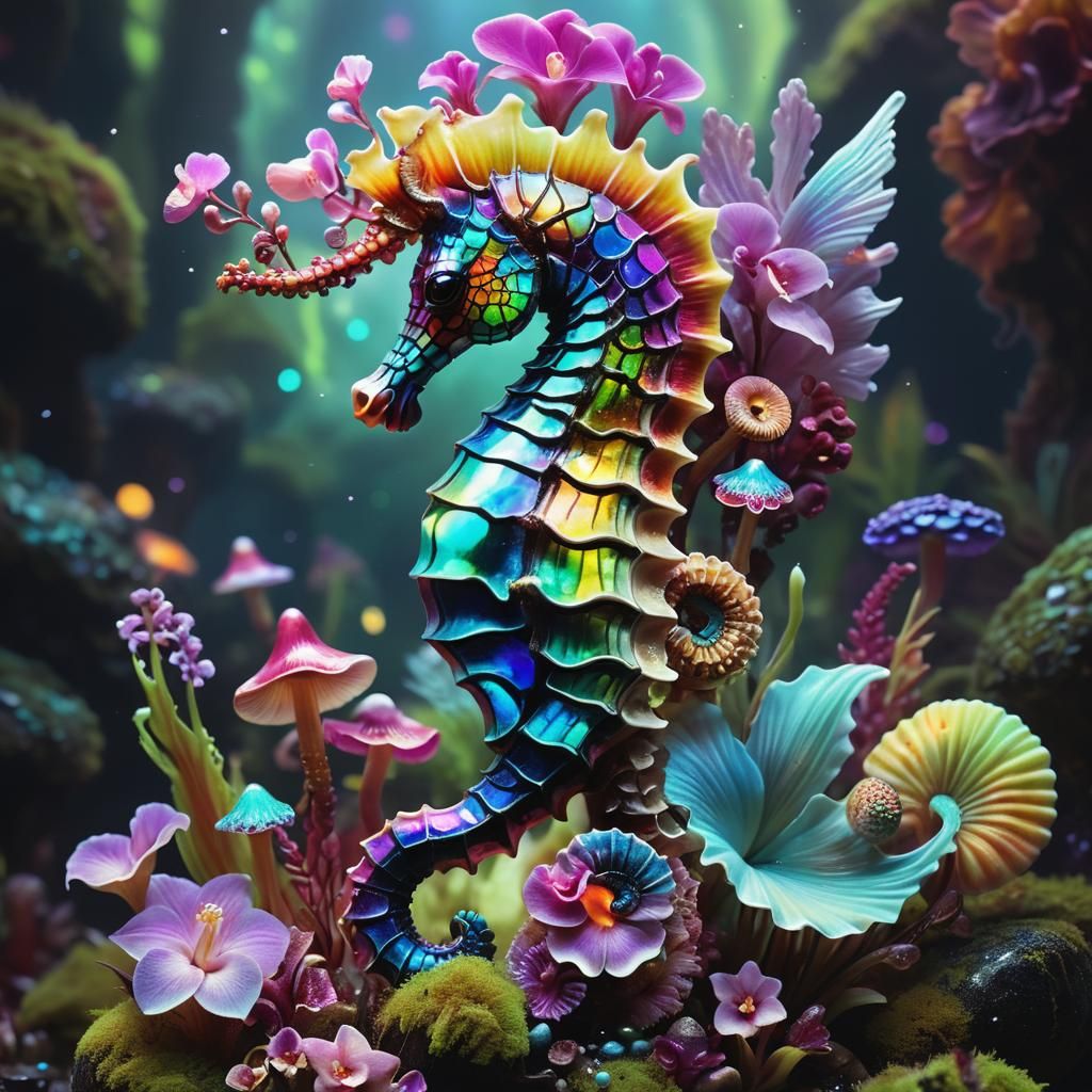 Rainbow Seahorse Flies Through Glowing Mushroom Landscape