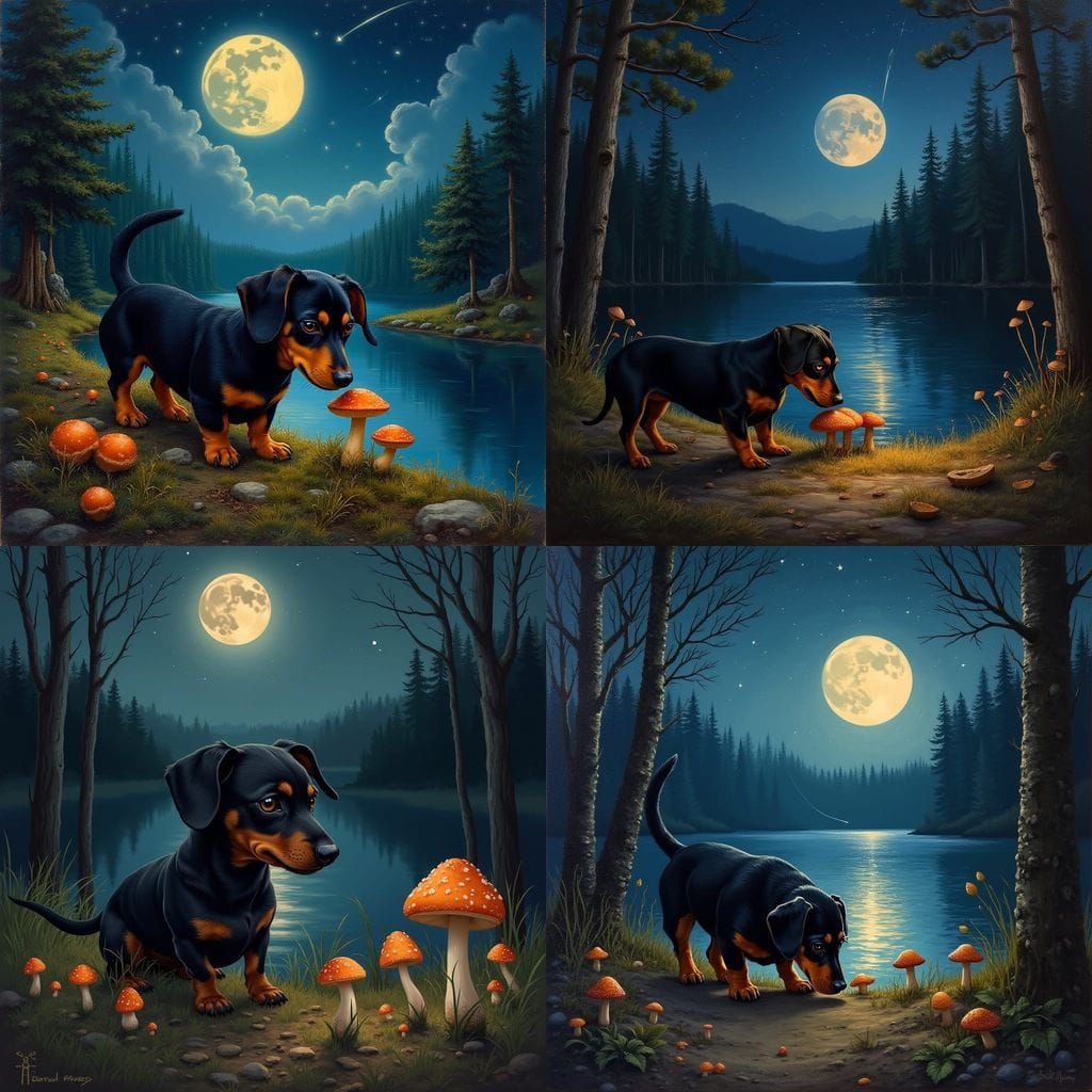 Black and Tan Dachshund Hunts Mushrooms Under Full Moon