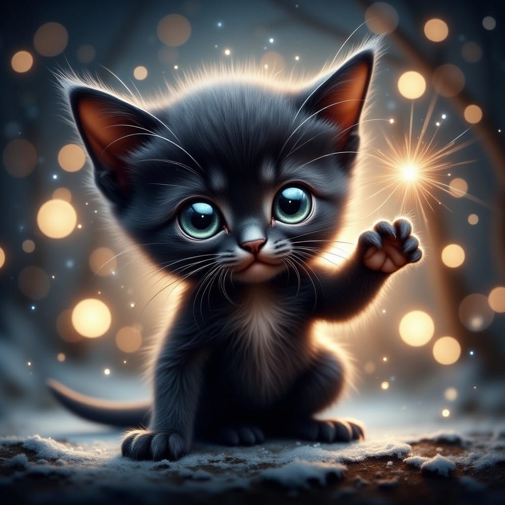 Cute Black Christmas Kitten with Sparkly Eyes
