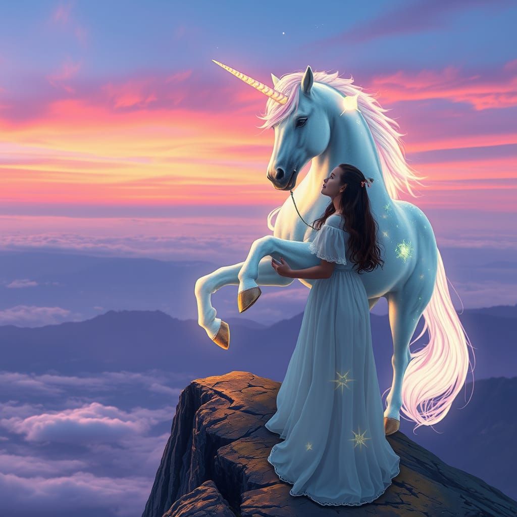 Girl and Unicorn Under Twilight Sky