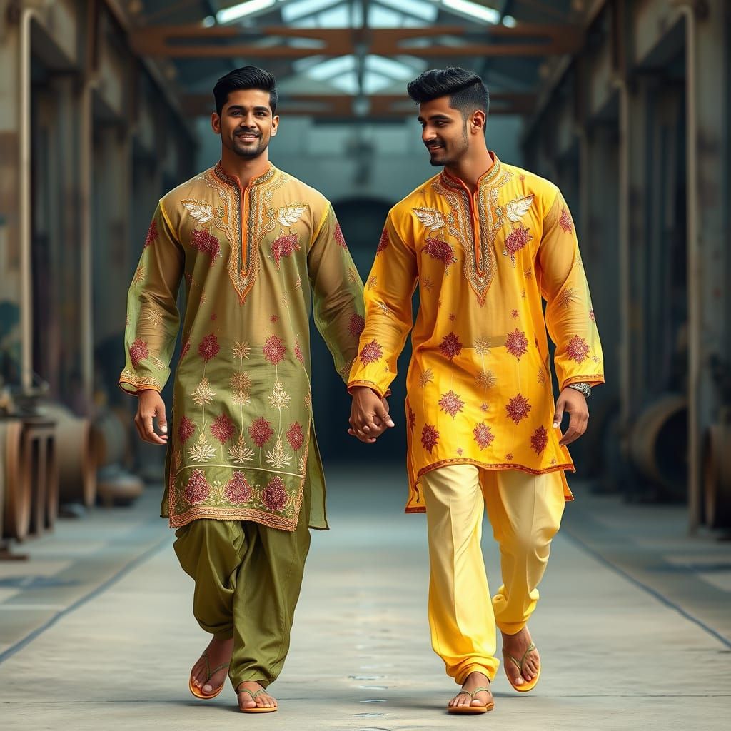 Two Muscular Men on Runway in Indian Fashion