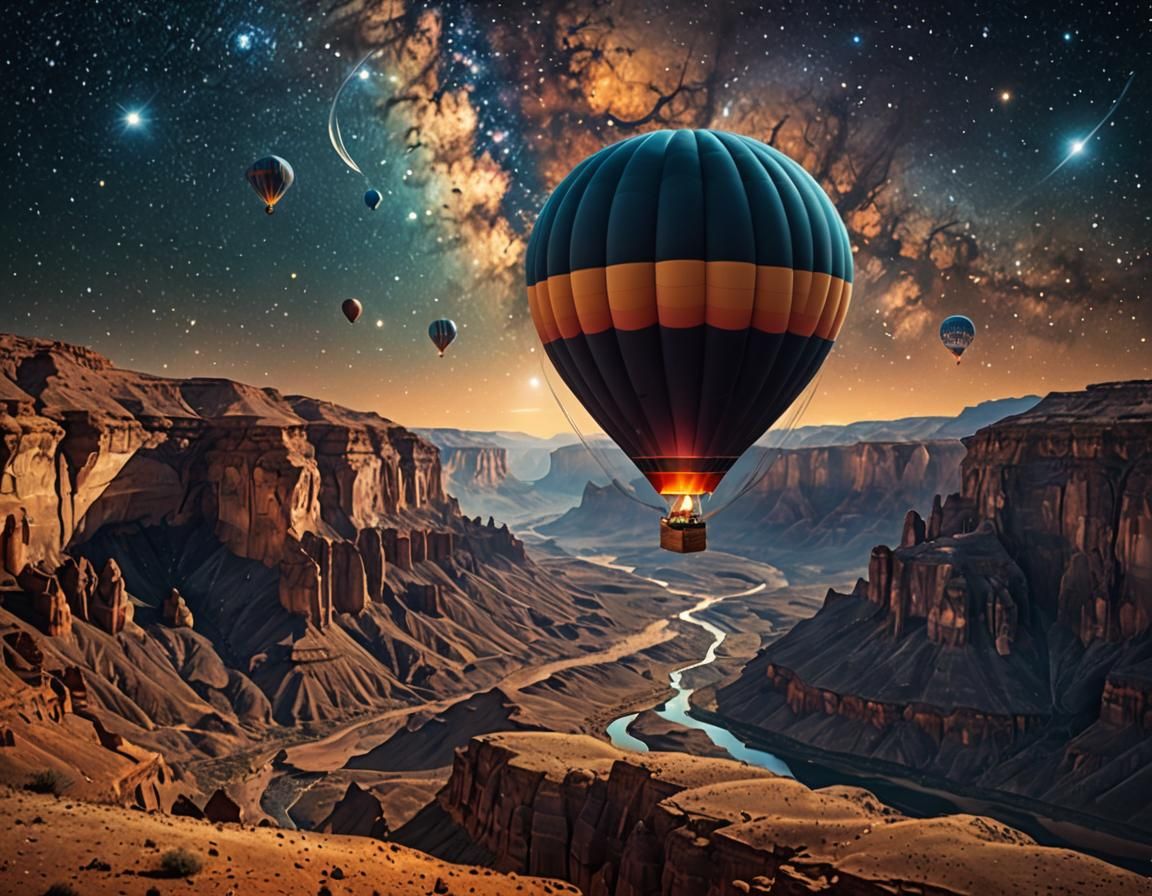Hot Air Balloon Floating in Starry Canyon