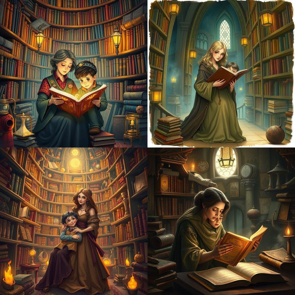 Mother and Son in a Whimsical Bookstore