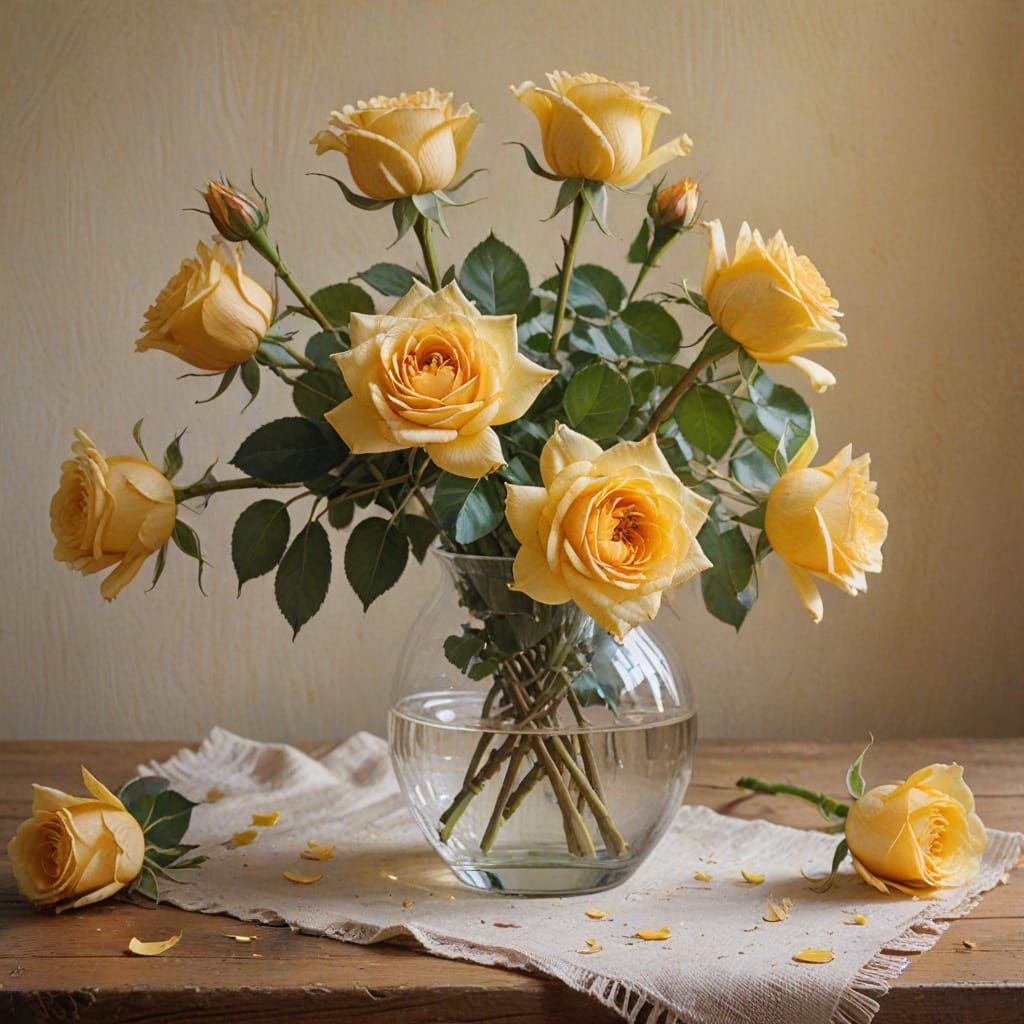 Yellow Roses in Glass Vase as Impressionist Oil Painting