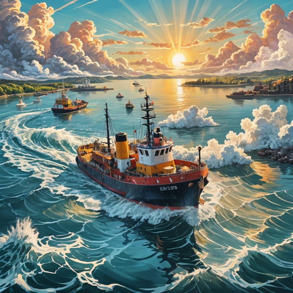 Cartoon Tugboat and Ship in Vivid Colors