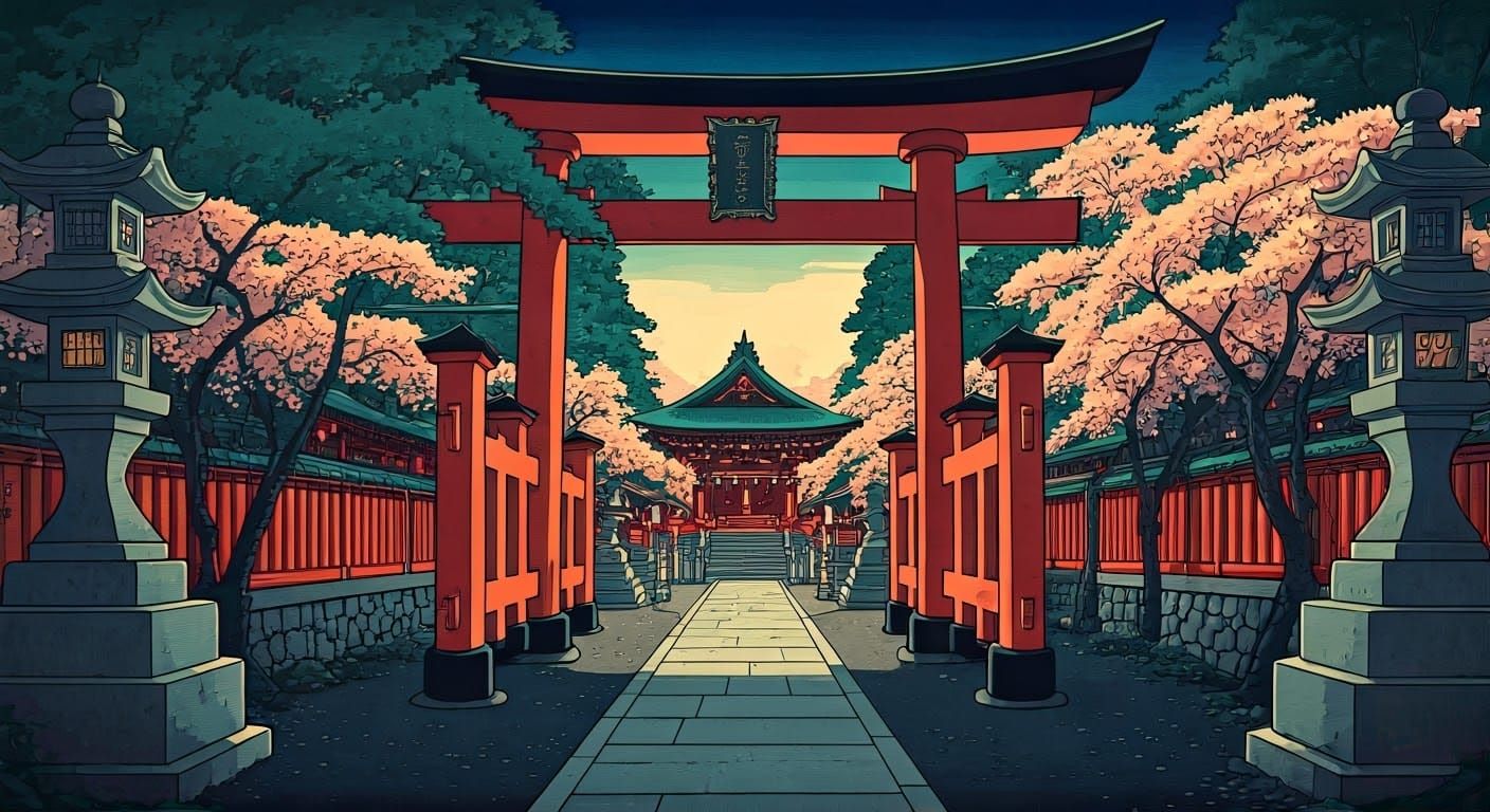 Serene Shinto Shrine Through Torii Gate, Ukiyo-e Style