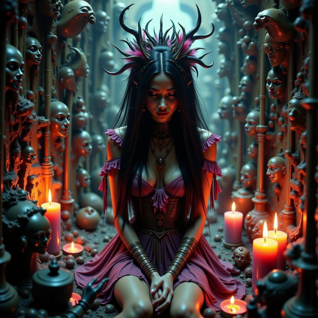 Mysterious Woman Channeling Spirits in Mystical Setting