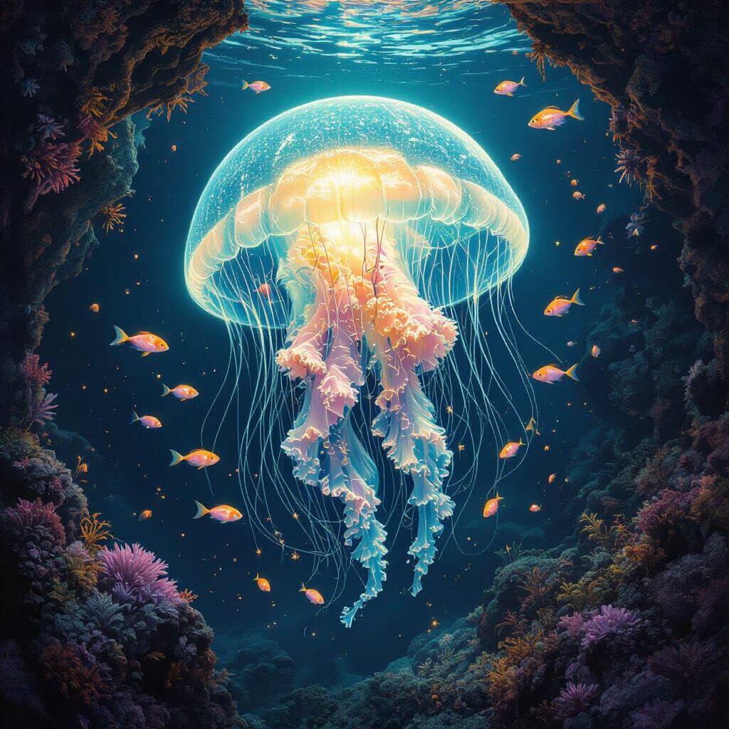 Bioluminescent Jellyfish in Deep-Sea Trench