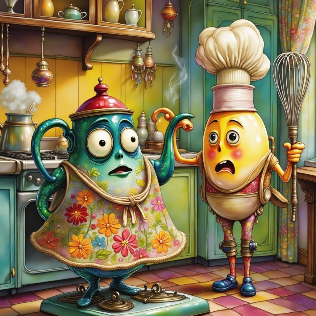 Terrified Teapot Confronts Angry Egg in Retro Kitchen