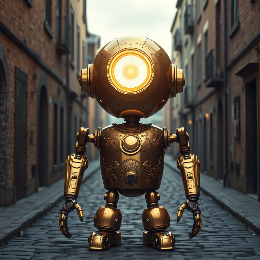 Ethereal Brass Automaton Standing Vigilant on Cobblestone