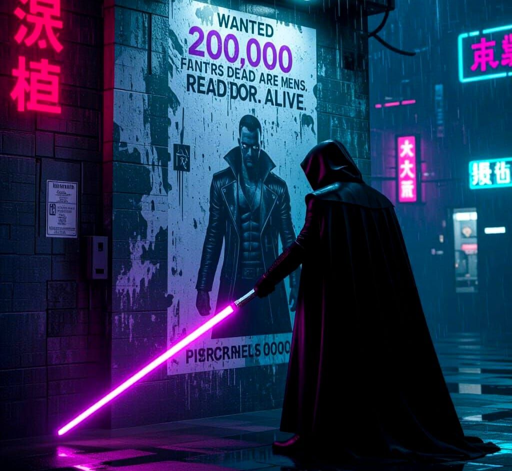 Cyberpunk Wanted Poster with Laser Sword