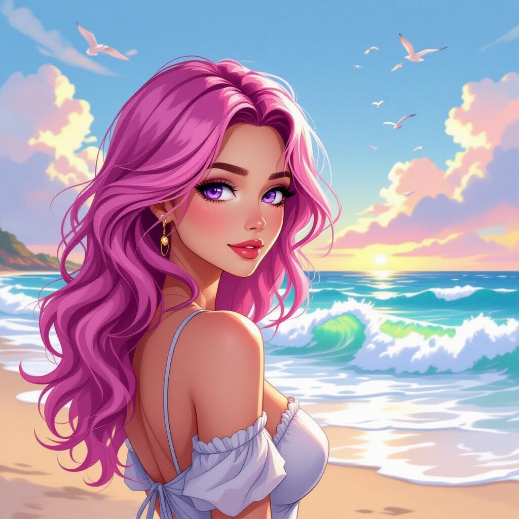 Pink-Haired Woman Watching Waves in Storybook Style