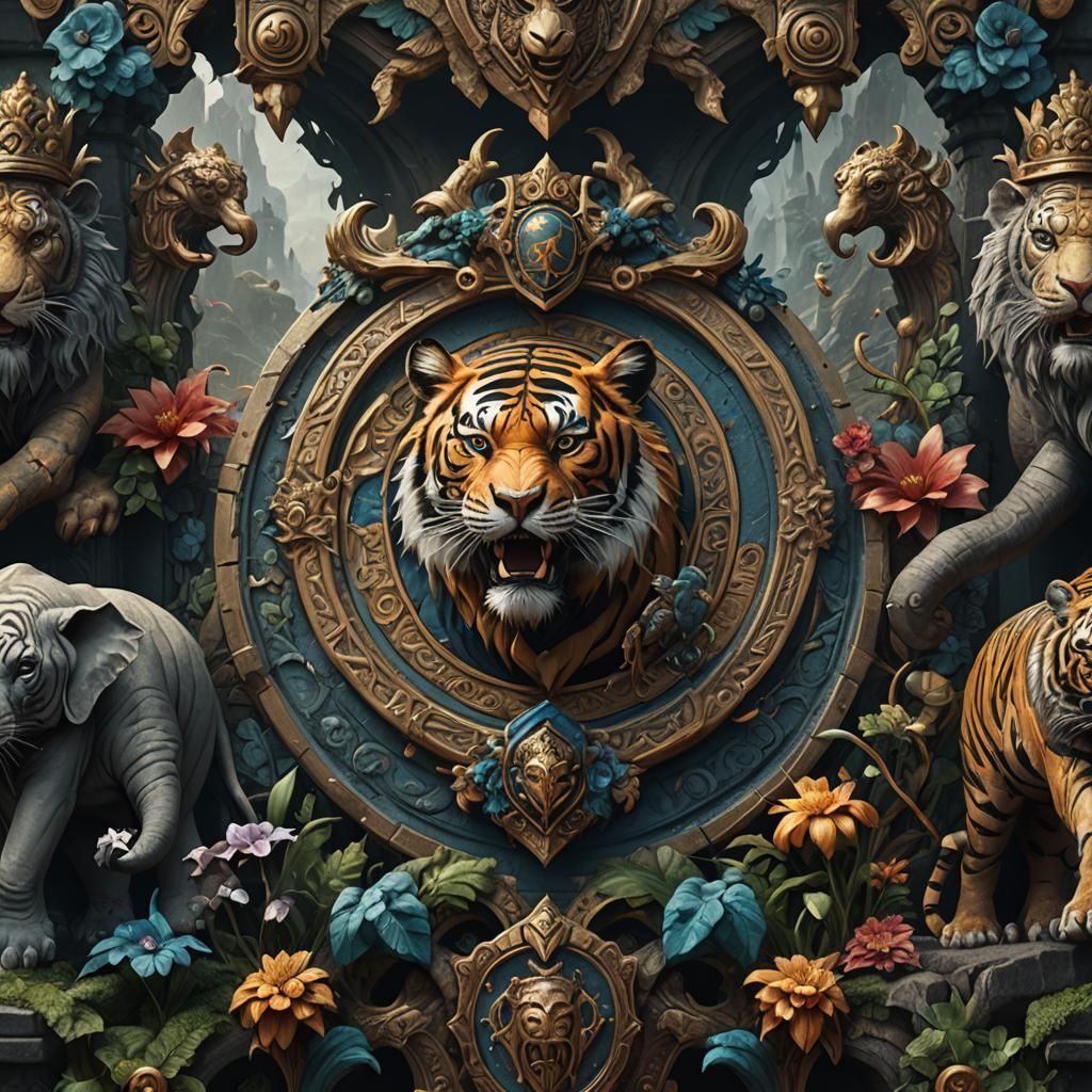Crest with Tiger and Elephant in Detailed Matte Painting