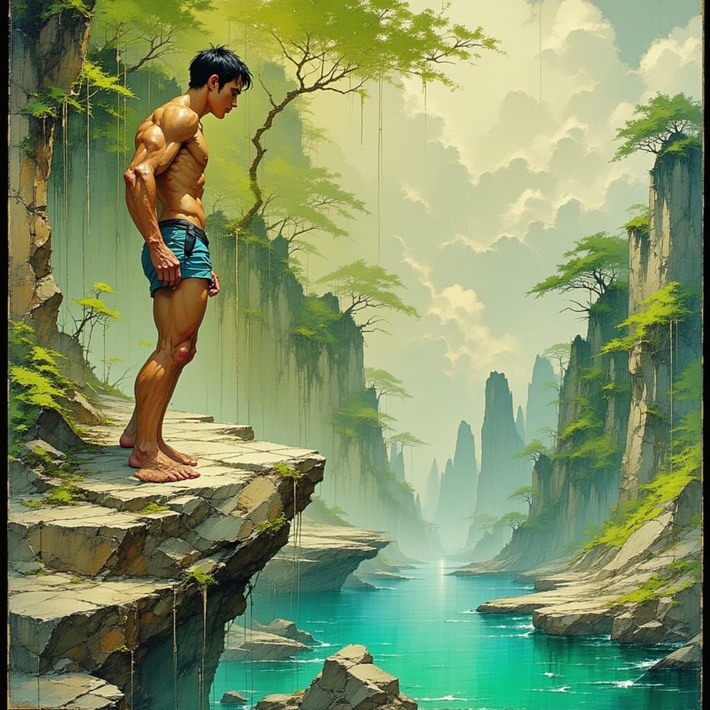 Heroic Male Diver Ready to Leap from Cliff