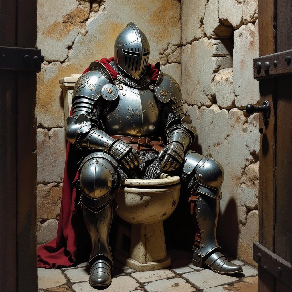 Medieval Knight on Ancient Toilet, Stalenhag Style