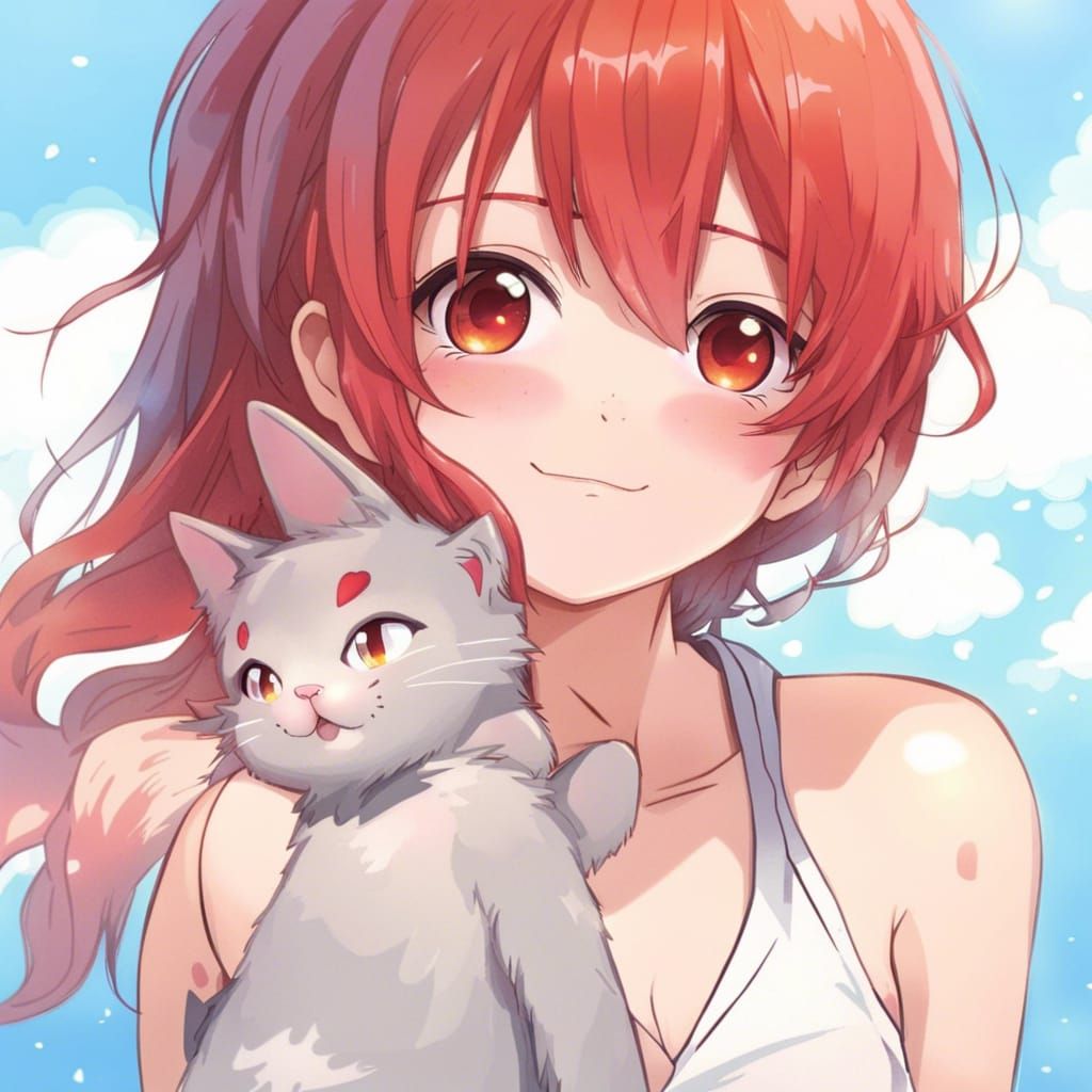 Anime Style: Redhead Girl with Cat