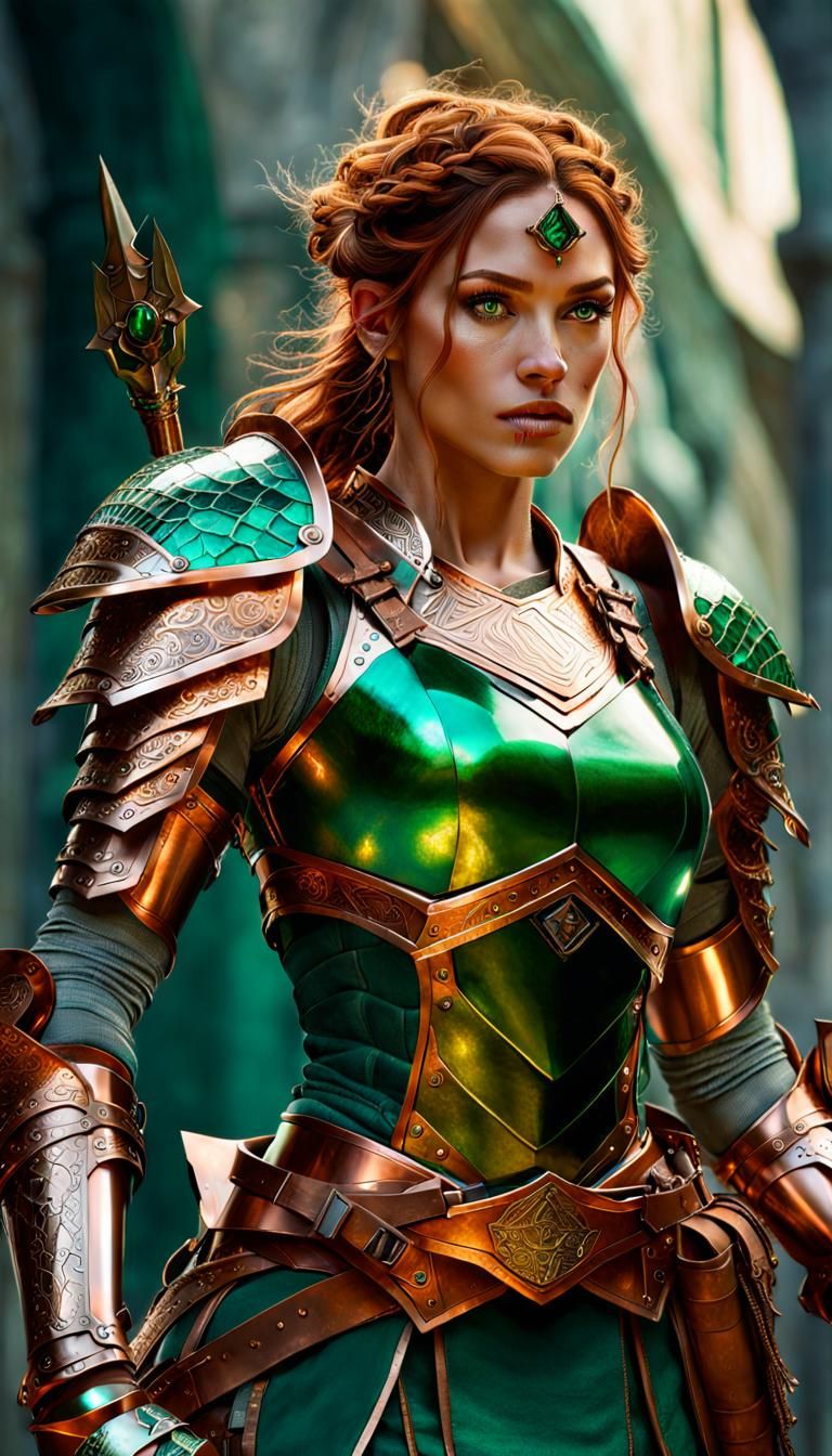 Fantasy Girl Warrior in Emerald Armor, Hyperrealistic Art