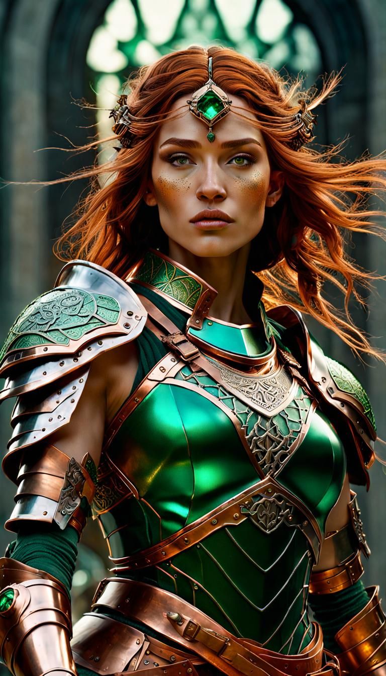 Fantasy Girl Warrior in Emerald and Copper Armor
