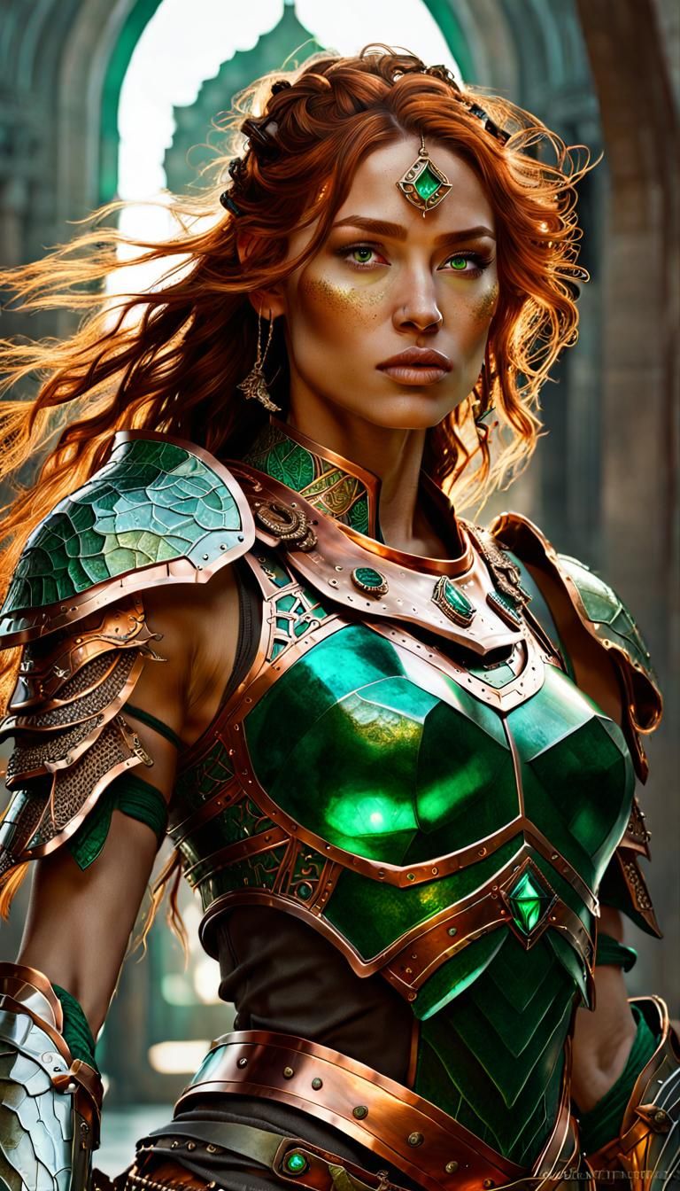 Fantasy Girl Warrior in Emerald and Copper Armor