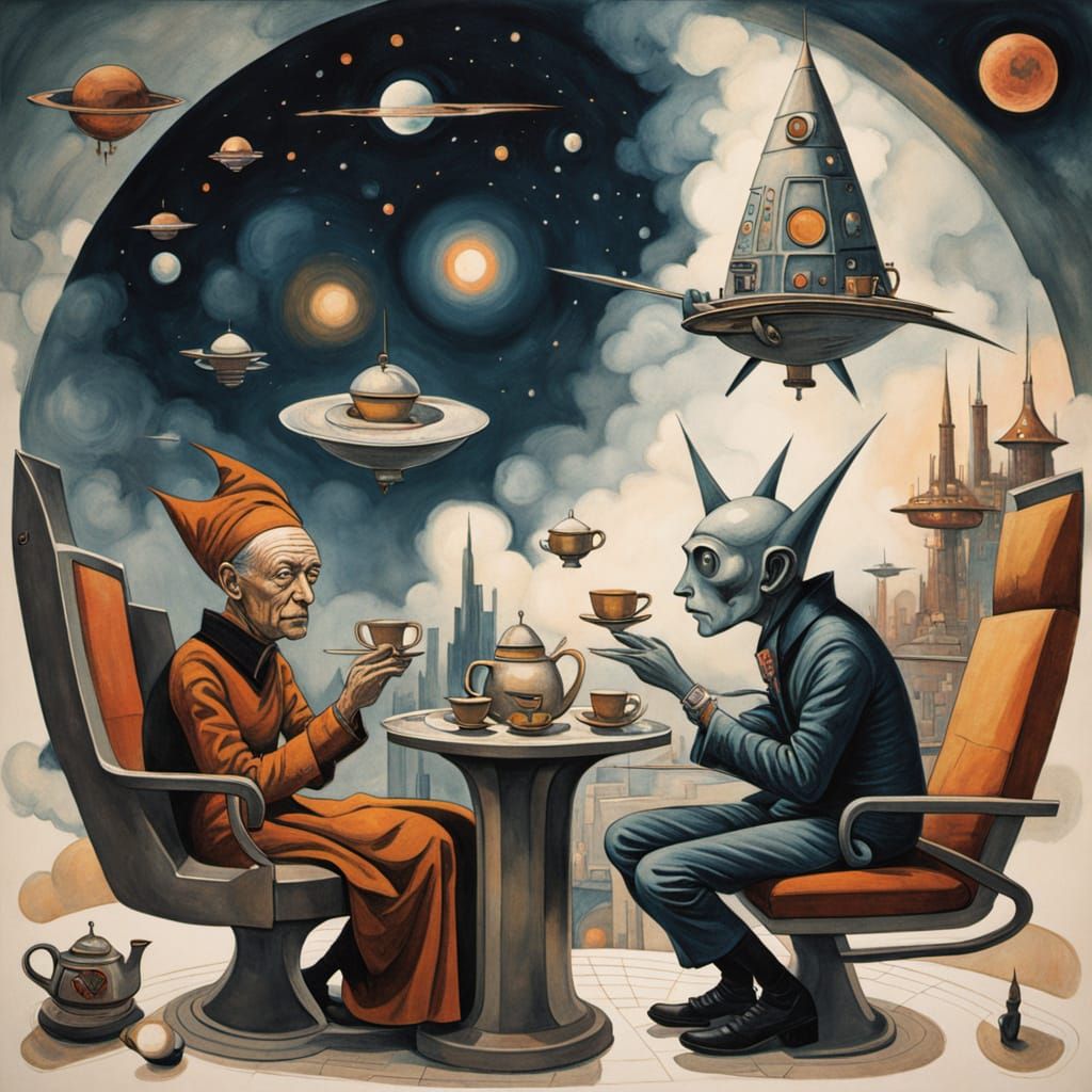Alien Tea Ceremony in Rocket Ship: Surrealist Art