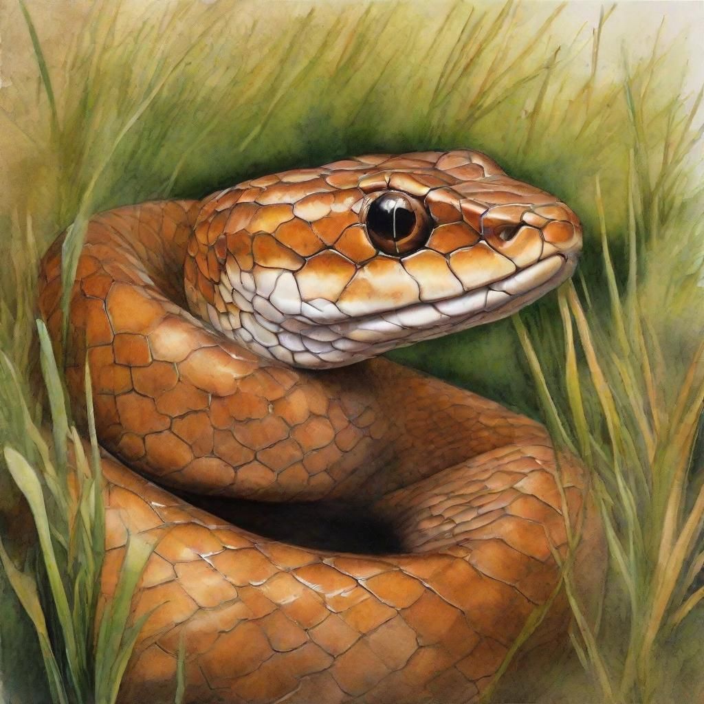 Copperhead Snake in Grassy Habitat: Antique Watercolor Style