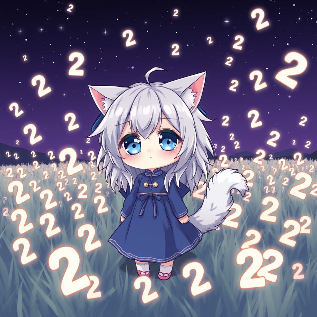 Cute Anime Catgirl Surrounded by Glowing Numbers in a Starry...
