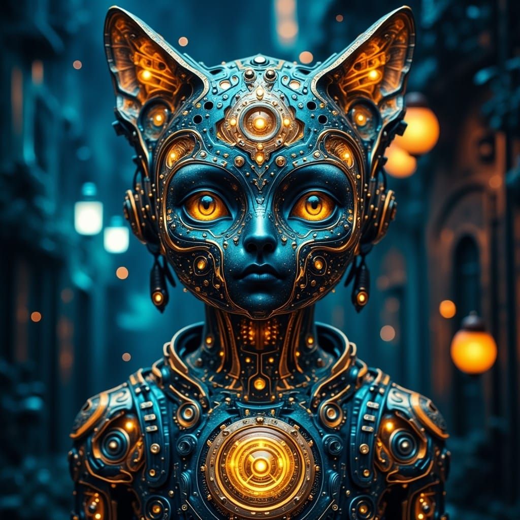 Steampunk Mechanical Cat in Vibrant, Industrial Fantasy