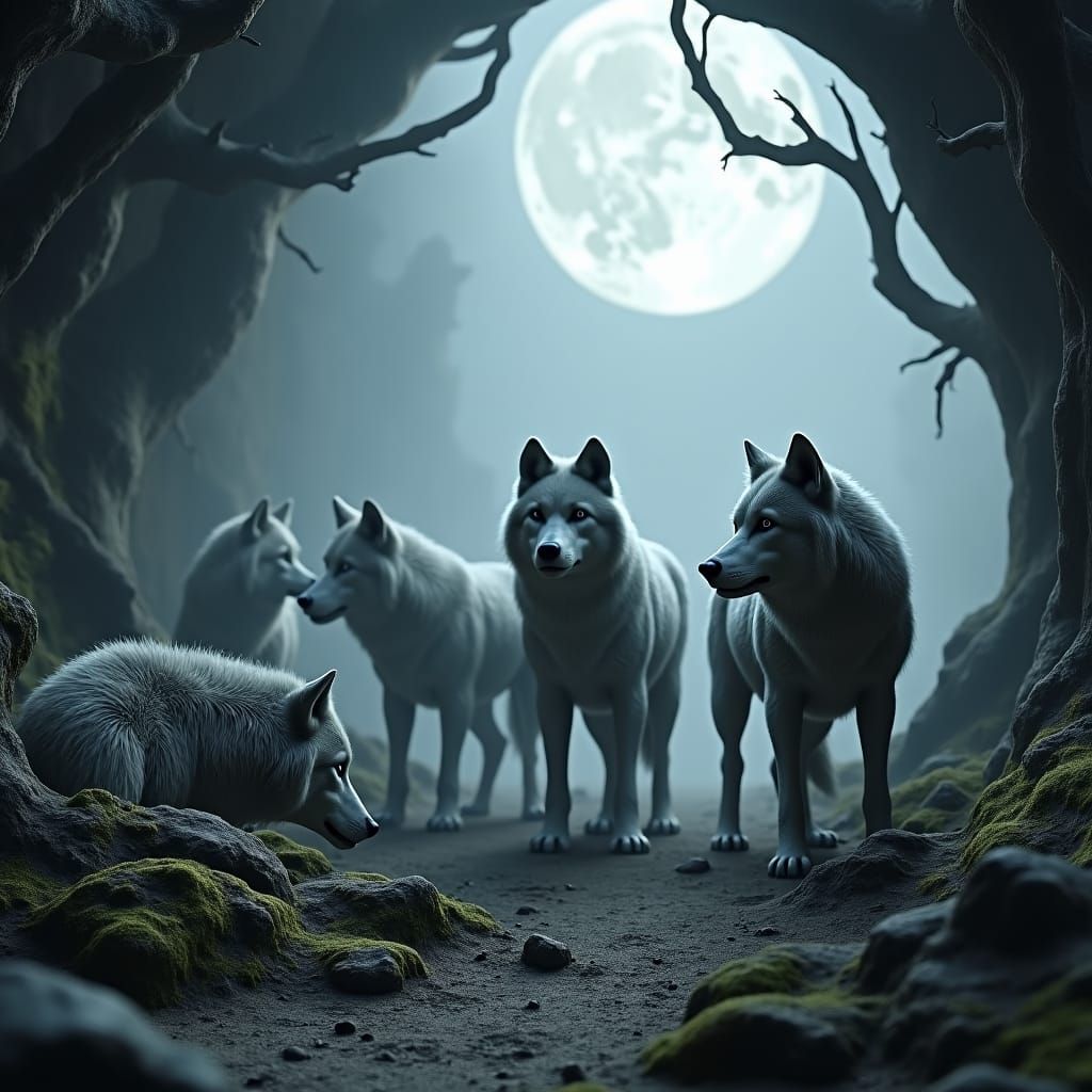 Wolves in Misty Den: Atmospheric Digital Art