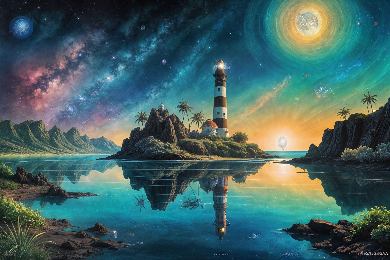 Enchanted Lighthouse on Hawaiian Lagoon in Spacecore Style