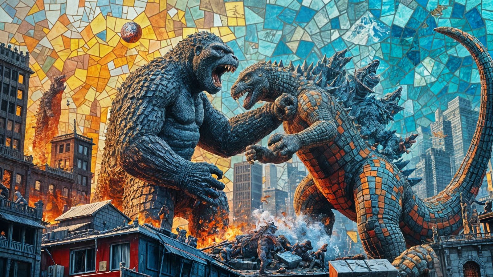 Epic Battle of Ancient Beasts in Vibrant Ceramic