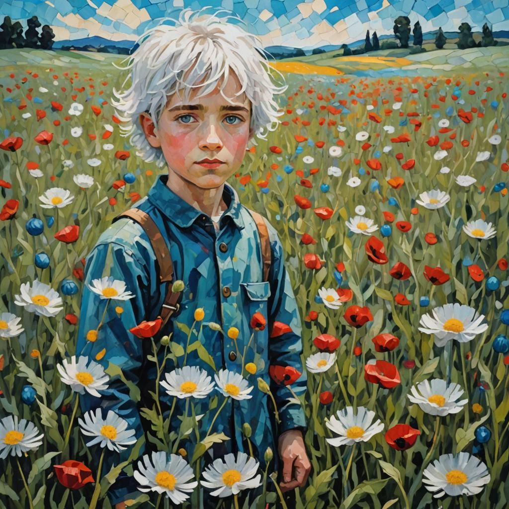 Dandelion Boy in Poppy Field: Expressionist Oil Painting