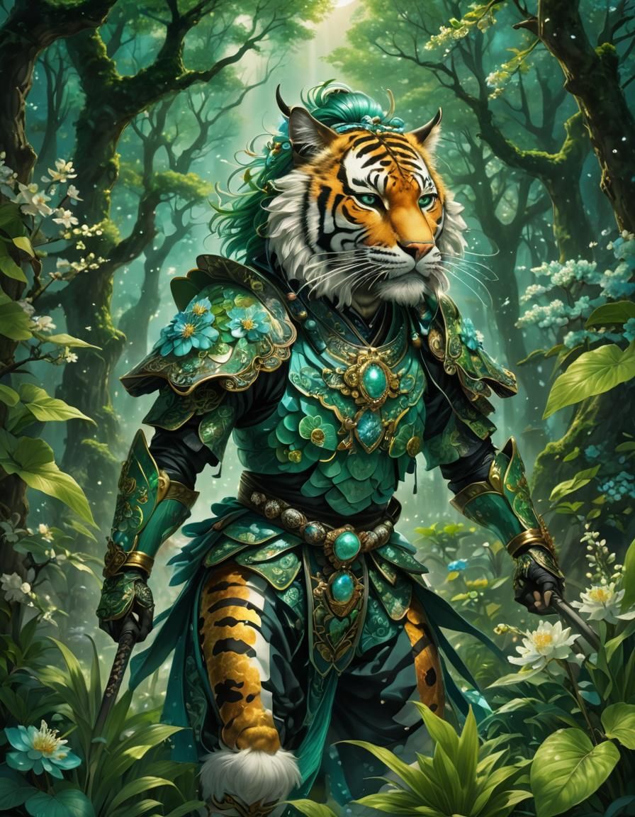 Magical Samurai Anime Poster with Turquoise Blossoms