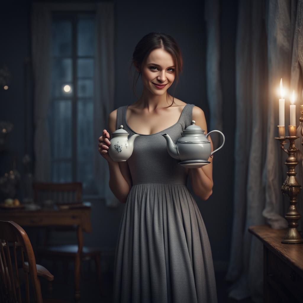 Realistic Brunette with Teapot in Russia at Night