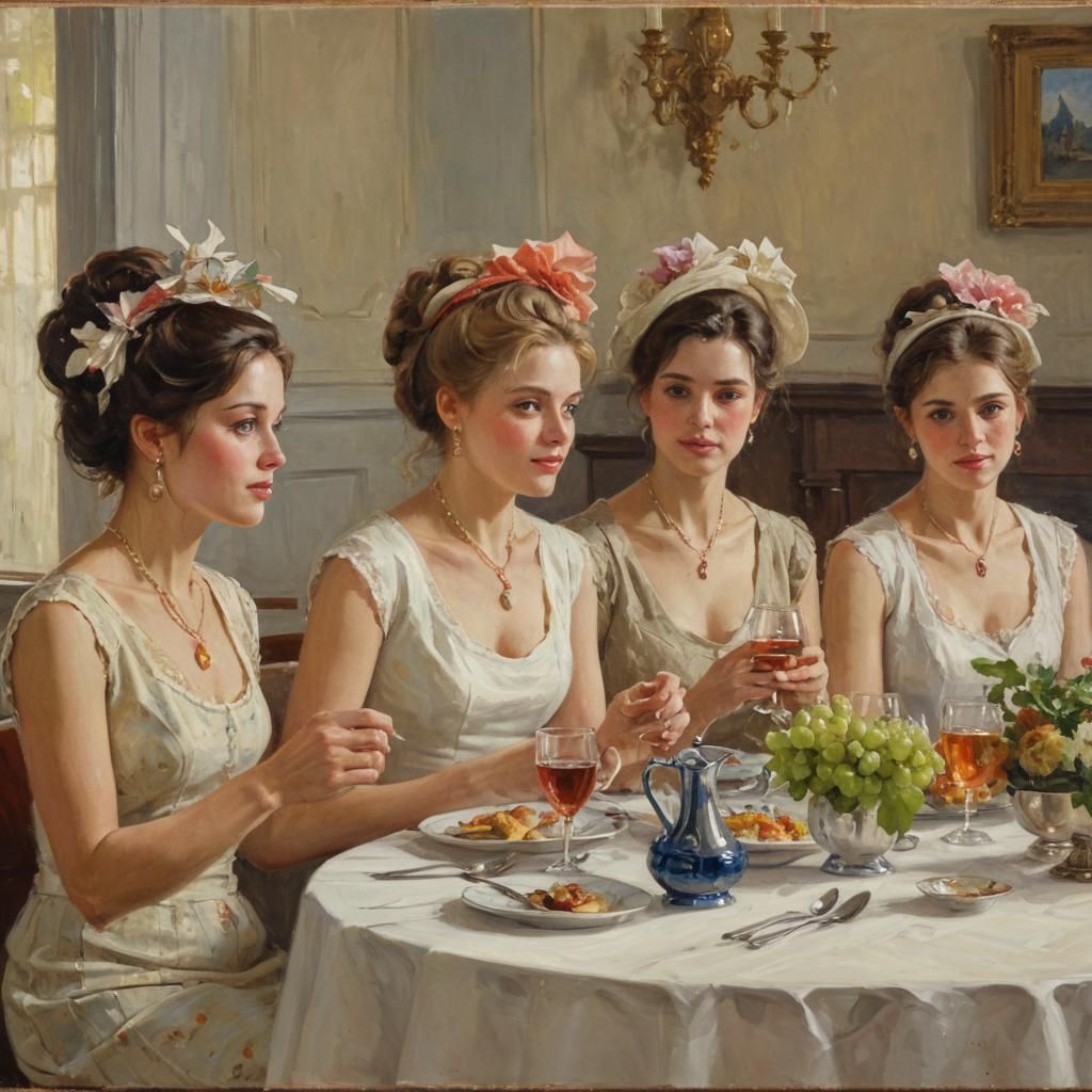 Ladies at Luncheon in Oil Painting Style