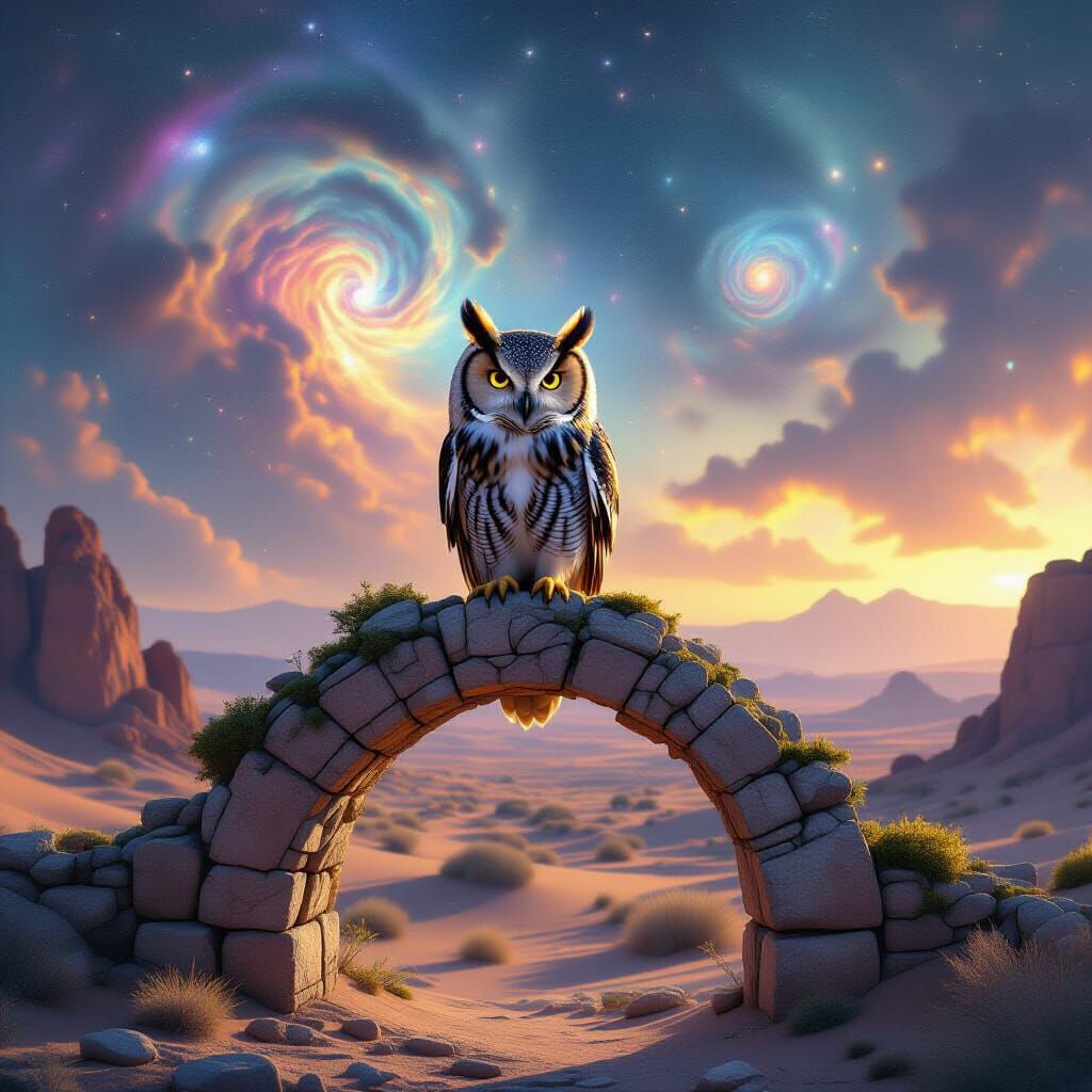 Ancient Owl with Galactic Eyes on Alien Desert Archway