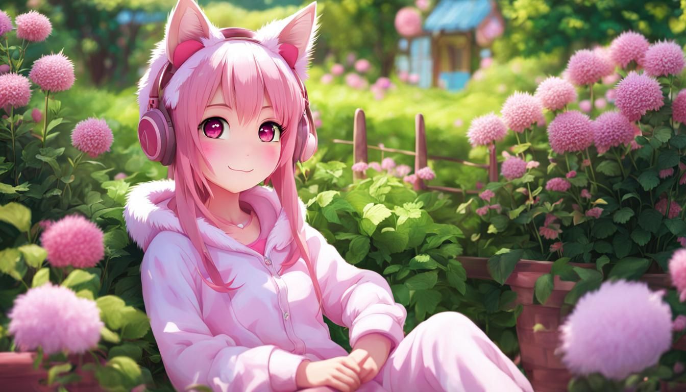 Furry Pink Cat Girl in Garden Pajamas