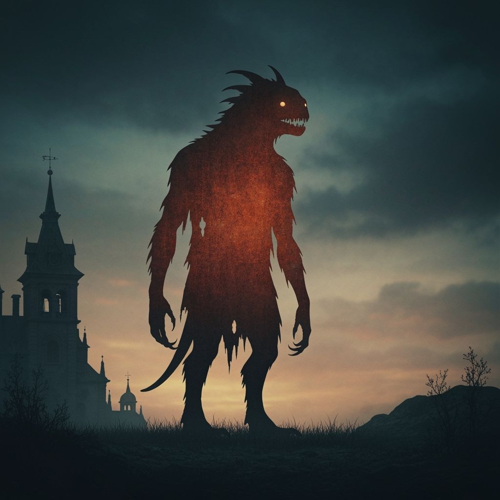 Eloquent Cryptid Silhouette Against Brooding Twilight Sky