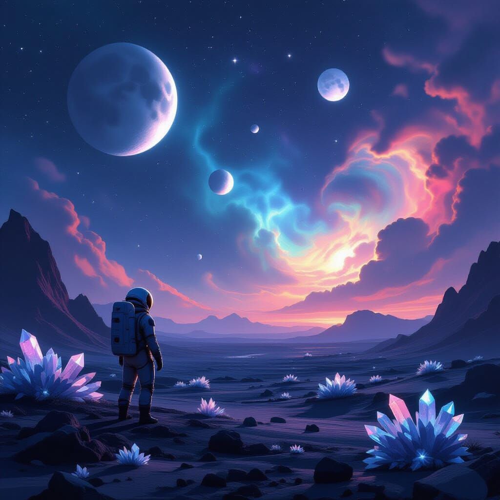 Astronaut on Alien Planet with Nebulae