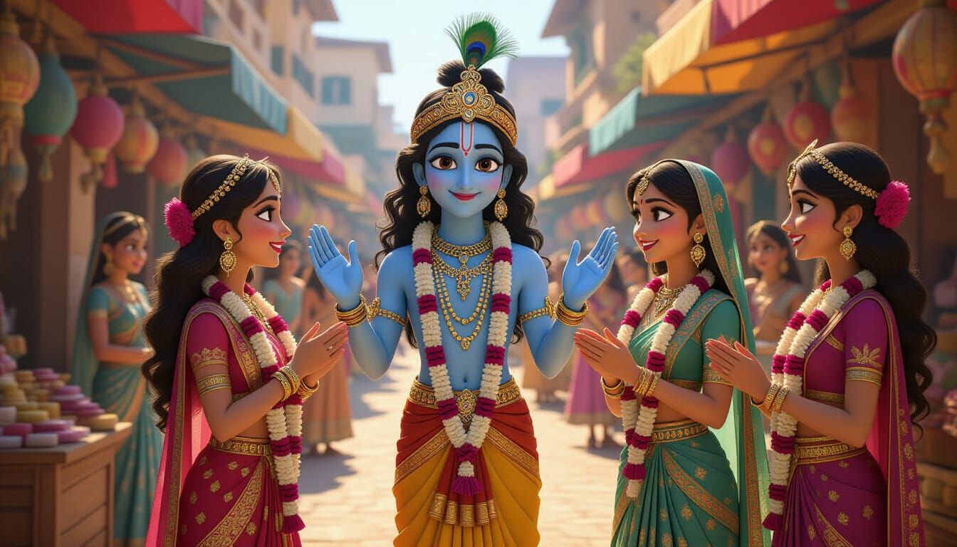 Krishna Sells Bangles to Radha: 3D Digital Art