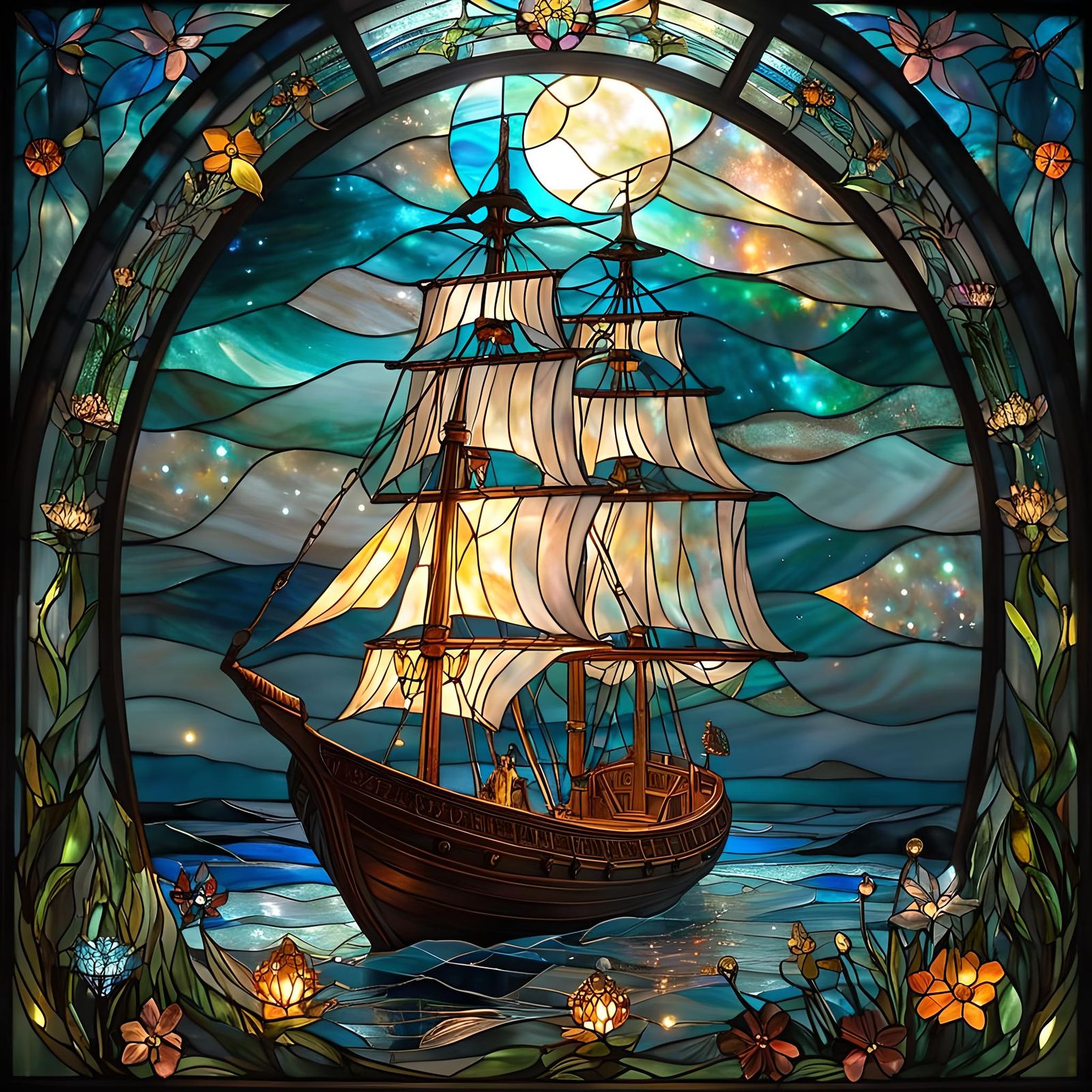 Bioluminescent Ship on Astral Sea in Stained Glass