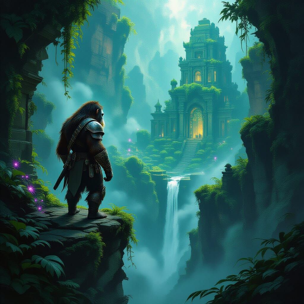 Orangutan Warrior at Ancient Ruin in Eerie Light