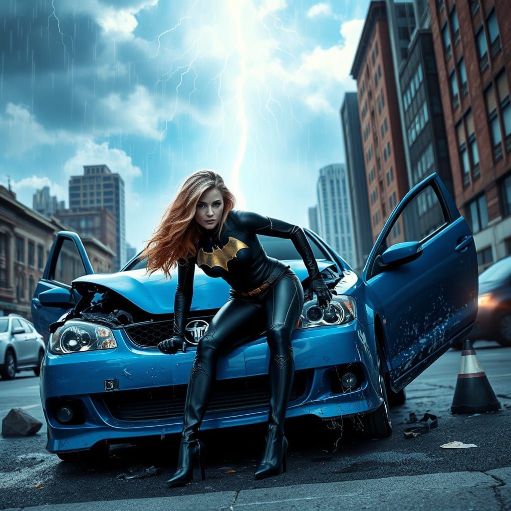 Black Canary on Destroyed Car Under Lightning Storm