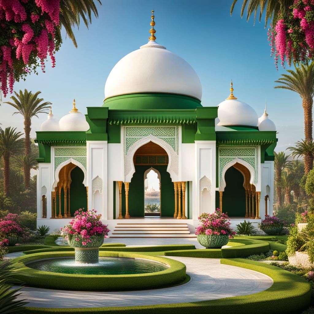 Moroccan Temple on Lush Island With Flowers