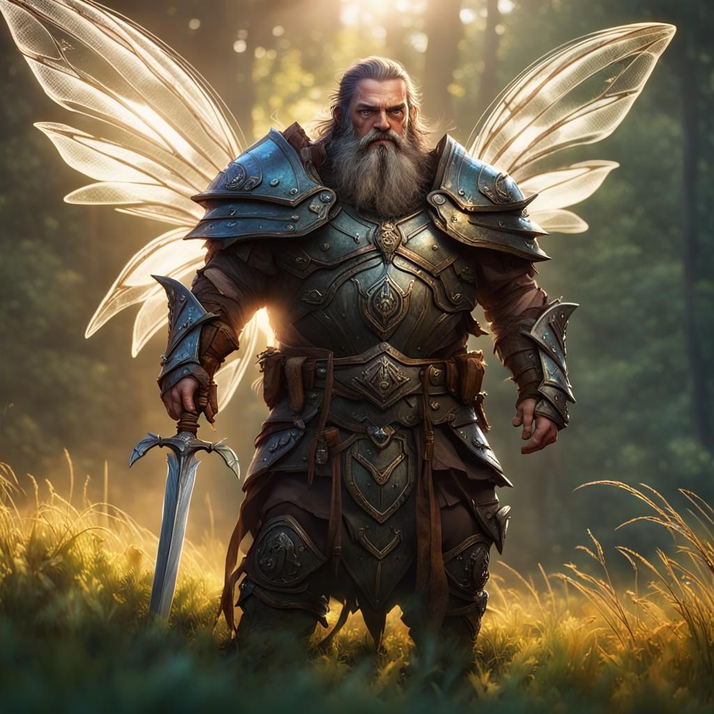 Fantasy Dwarf Warrior with Wings in Grassy Field